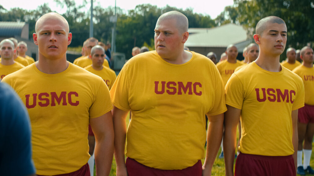 Brandon Tyler Moore as Cody Bowman, Blake Burt as John Bowman, and Liam Oh as Ray McAffey in 'Boots' Season 1 Episode 2