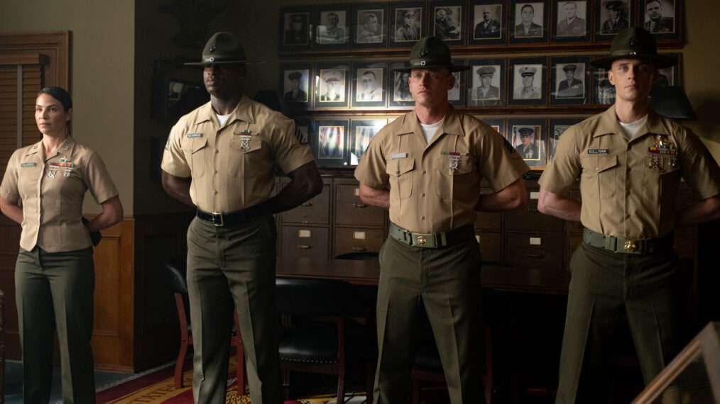 Ana Ayora as Capt. Fajardo, Cedrick Cooper as Sgt. McKinnon, Nicholas Logan as Sgt. Howitt, and Max Parker as Sgt. Sullivan in 'Boots' Season 1 Episode 6
