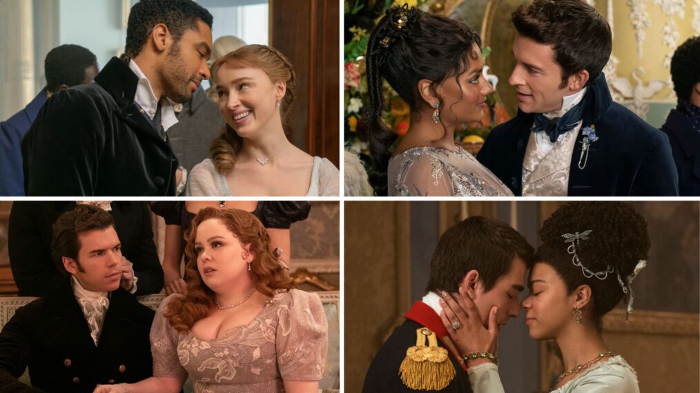 Simon and Daphne in 'Bridgerton' Season 1; Anthony and Kate in 'Bridgerton' Season 2; Colin and Penelope in 'Bridgerton' Season 3; George and Charlotte in 'Queen Charlotte: A Bridgerton Story'