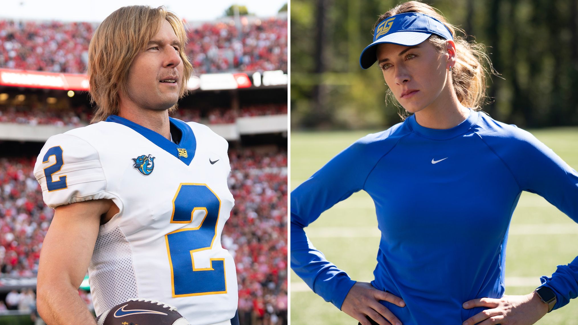 Glen Powell and Perry Mattfeld as Russ and Ricky in 'Chad Powers' Season 1 finale