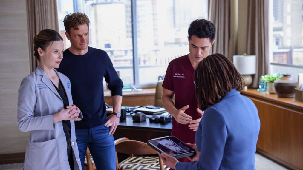 Sarah Ramos as Dr. Caitlin Lenox, Nick Gehlfuss as Dr. Will Halstead, Darren Barnet as Dr. John Frost, S. Epatha Merkerson as Sharon Goodwin — 'Chicago Med' Season 11 Episode 2 