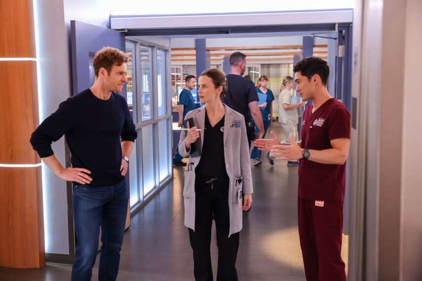 Nick Gehlfuss as Dr. Will Halstead, Sarah Ramos as Dr. Caitlin Lenox, Darren Barnet as Dr. John Frost — 'Chicago Med' Season 11 Episode 2 "A Game of Inches"