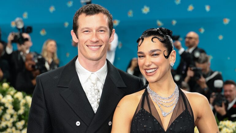 Callum Turner and Dua Lipa attend the 2025 Met Gala Celebrating "Superfine: Tailoring Black Style" at Metropolitan Museum of Art on May 05, 2025 in New York City.