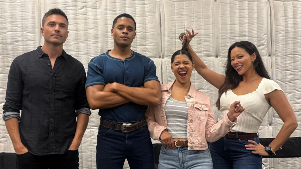 Eric Winter, Deric Augustine, Lisseth Chavez, and Melissa O'Neil on set of 'The Rookie'