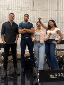 Eric Winter, Deric Augustine, Lisseth Chavez, and Melissa O'Neil on set of 'The Rookie'