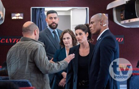 Zeeko Zaki as Special Agent Omar Adom ‘OA’ Zidan, Sarah Clarke as Senator Charlotte Hirsch, Missy Peregrym as Special Agent Maggie Bell and Deji LaRay as USCP Officer Kane — 'FBI' Season 8 Episode 4