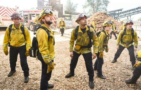 Jules Latimer as Eve Edwards, Max Thieriot as Bode Leone, Jordan Calloway as Jake Crawford, Stephanie Arcila as Gabriela Perez, and Kevin Alejandro as Manny Perez — 'Fire Country' Season 4 Premiere 