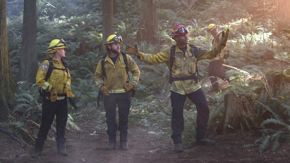 Leven Rambin as Audrey James, Max Thieriot as Bode Leone, and Jordan Calloway as Jake Crawford — 'Fire Country' Season 4 Episode 2 