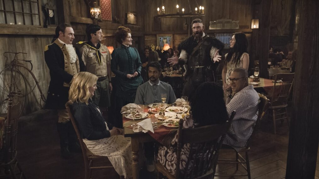 Brandon Scott Jones, Richie Moriarty, Rebecca Wisocky, Rose McIver, Utkarsh Ambudkar, Devan Chandler Long, and Sheila Carrasco in 'Ghosts' Season 5