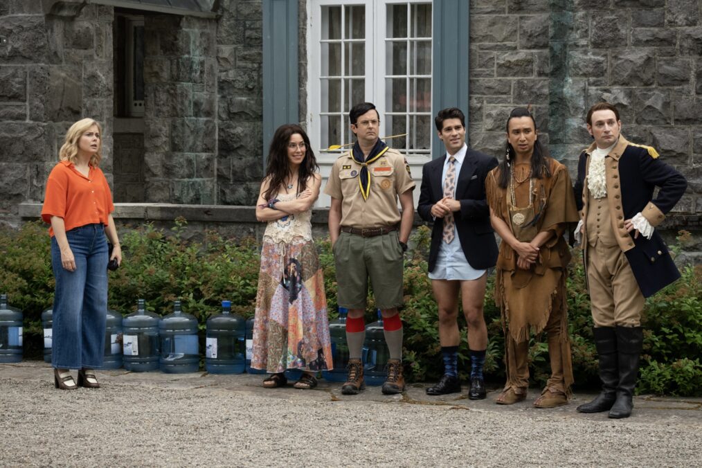Rose McIver, Sheila Carrasco, Richie Moriarty, Asher Grodman, Roman Zaragoza, and Brandon Scott Jones in 'Ghosts' Season 5