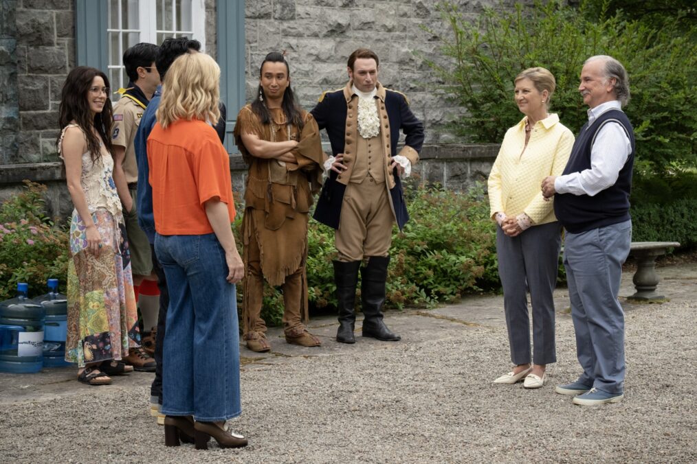 Sheila Carrasco, Richie Moriarty, Rose McIver, Roman Zaragoza, Brandon Scott Jones, Kathryn Greenwood, and Mark Linn-Baker in 'Ghosts' Season 5