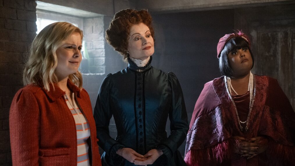 Rose McIver, Rebecca Wisocky, and Danielle Pinnock in 'Ghosts' Season 5 Halloween episode