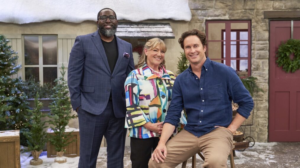 Judges Michael Ford and Gale Gand with Host Oliver Hudson, as seen on Gingerbread Land, Season 1.