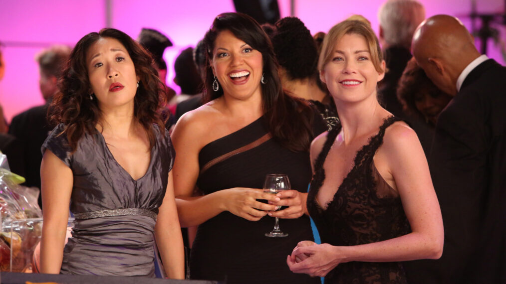 Sandra Oh as Cristina Yang, Sara Ramirez as Callie Torres, and Ellen Pompeo as Meredith Grey in 'Grey's Anatomy'