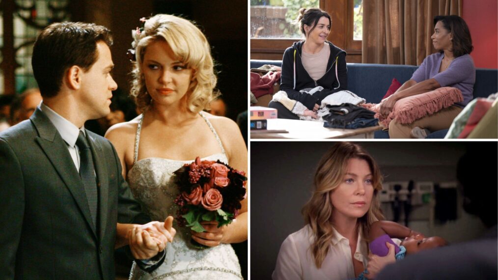 T.R. Knight as George O'Malley and Katherine Heigl as Izzie Stevens, Caterina Scorsone as Amelia Shepherd and Kelly McCreary as Maggie Pierce, and Ellen Pompeo as Meredith Grey in 'Grey's Anatomy'