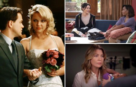 T.R. Knight as George O'Malley and Katherine Heigl as Izzie Stevens, Caterina Scorsone as Amelia Shepherd and Kelly McCreary as Maggie Pierce, and Ellen Pompeo as Meredith Grey in 'Grey's Anatomy'