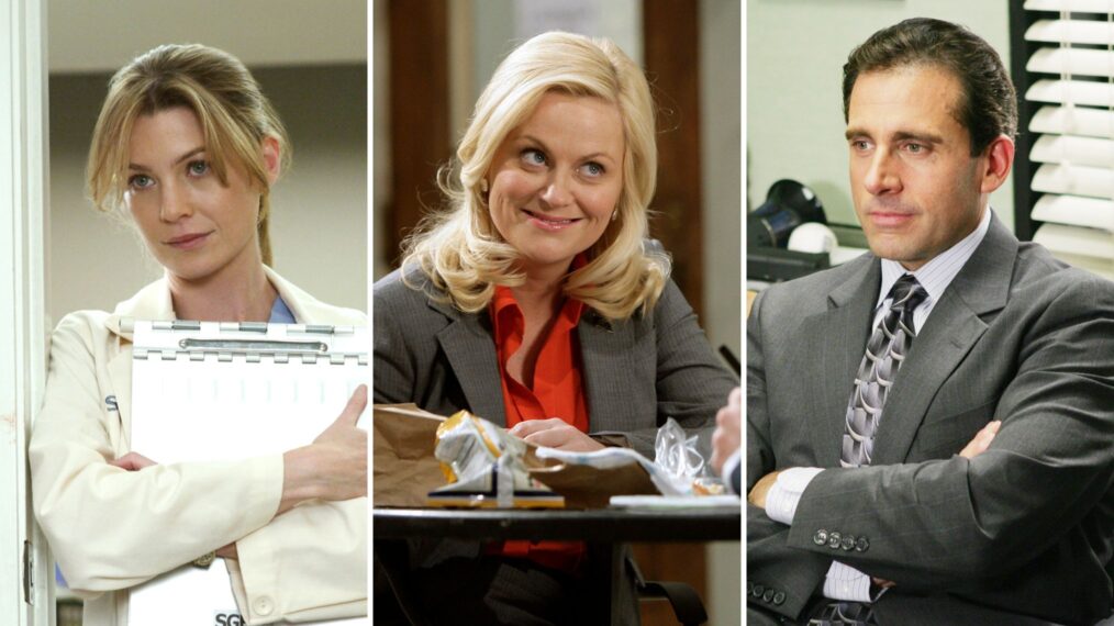 Ellen Pompeo as Meredith Grey in 'Grey's Anatomy,' Amy Poehler as Leslie Knope in 'Parks and Recreation,' Steve Carell as Michael Scott in 'The Office'