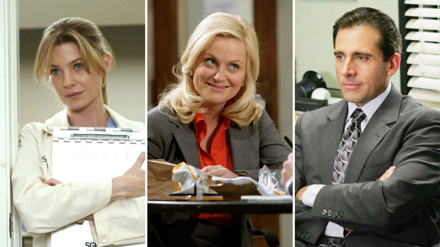 Ellen Pompeo as Meredith Grey in 'Grey's Anatomy,' Amy Poehler as Leslie Knope in 'Parks and Recreation,' Steve Carell as Michael Scott in 'The Office'