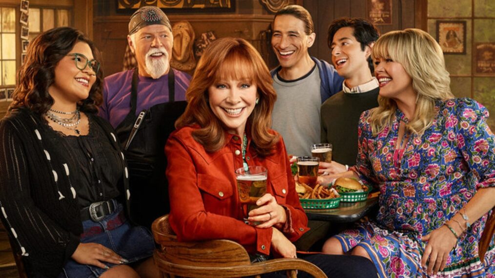 Belissa Escobedo, Rex Linn, Reba McEntire, Tokala Black Elk, Pablo Castelblanco, and Melissa Peterman for 'Happy's Place' Season 2