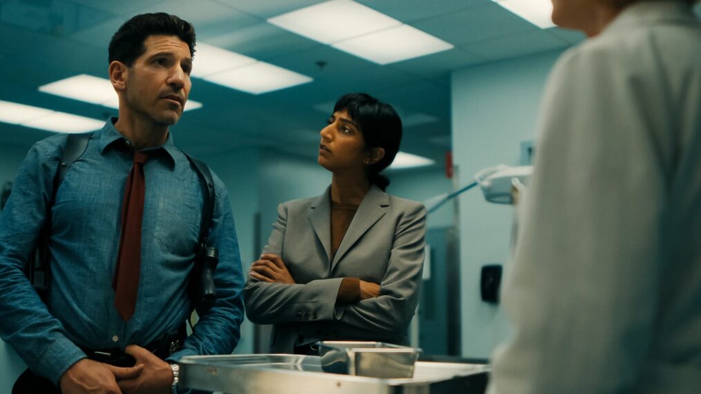 Jon Bernthal as Detective Jack Harper and Sunita Mani as Priya — 'His & Hers'