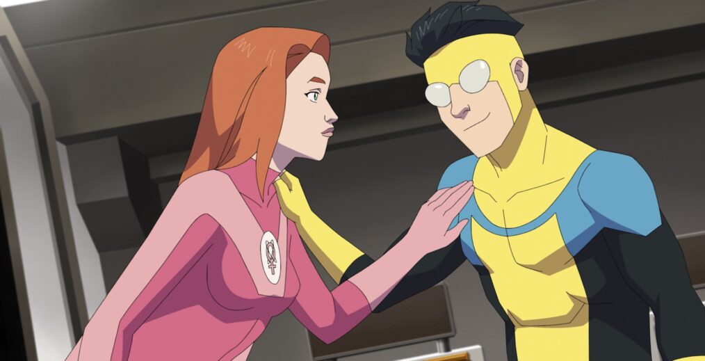 Gillian Jacobs (Atom Eve), Steven Yeun (Mark Grayson) in Invincible Season 2