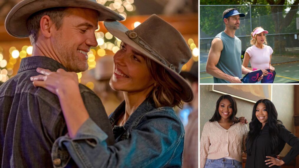 Tyler Hilton and Arielle Kebbel in 'Thank God: Christmas at Keller Ranch'; James Lafferty and Zibby Allen in 'A Pickleball Christmas'; Brandy and Sy'rai Smith in 'Christmas Everyday'