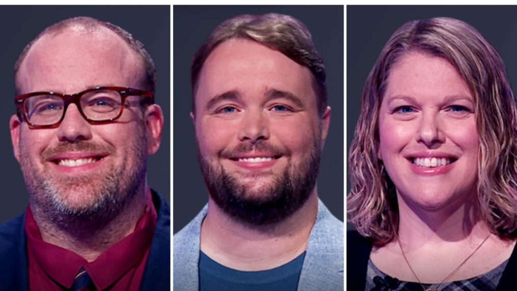 'Jeopardy!' players (from left) Slade Gilmer, TJ Fisher, and Claudine Lewis, on October 7, 2025