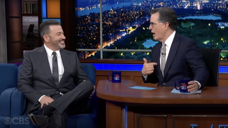 Jimmy Kimmel & Stephen Colbert Taunt Trump as They Appear on Each Other ...