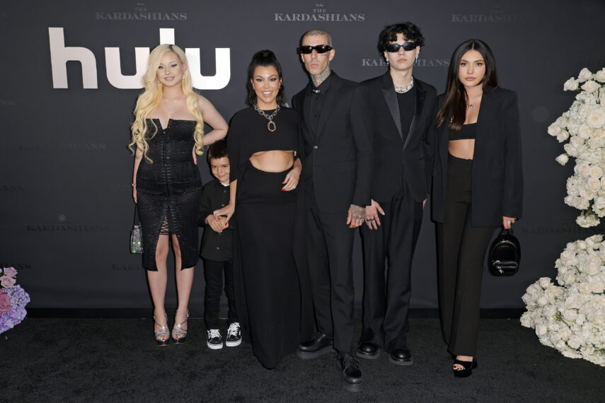 Alabama Barker, Reign Disick, Kourtney Kardashian, Travis Barker, Landon Barker and Atiana De La Hoya attend the Los Angeles premiere of Hulu's new show 