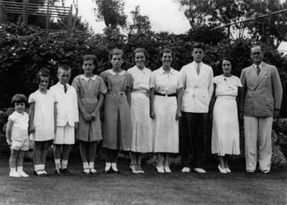 American multi-millionaire Joseph Patrick Kennedy (right), the newly-appointed ambassador to London, with his wife Rose Kennedy (second from right) and eight of their nine children, in London. From left: Edward, Jeanne, Robert, Patricia (1924 - 2006), Eunice, Kathleen, Rosemary and John F Kennedy who later became the 35th President of the United States.