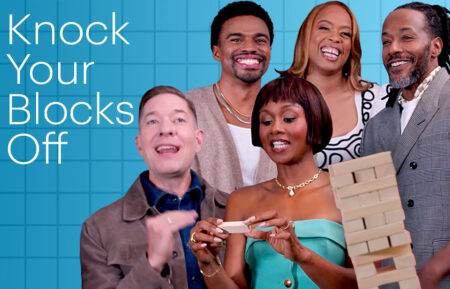 Joseph Sikora, Kyle Bary, Emayatzy Corinealdi, Angela Grovey, and McKinley Freeman play Knock Your Blocks Off