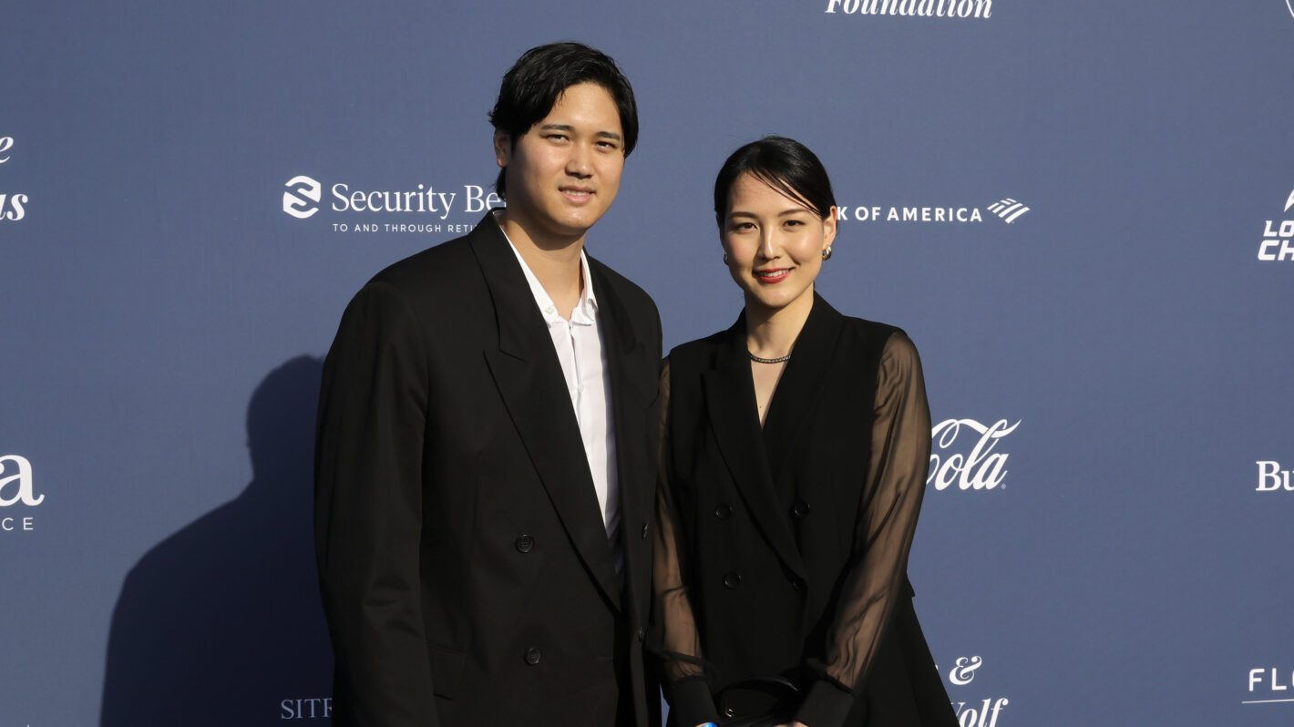 Shohei Ohtani (L) and Mamiko Tanaka arrive at the Los Angeles Dodgers Foundation's 2024 Blue Diamond Gala at Dodger Stadium on May 02, 2024