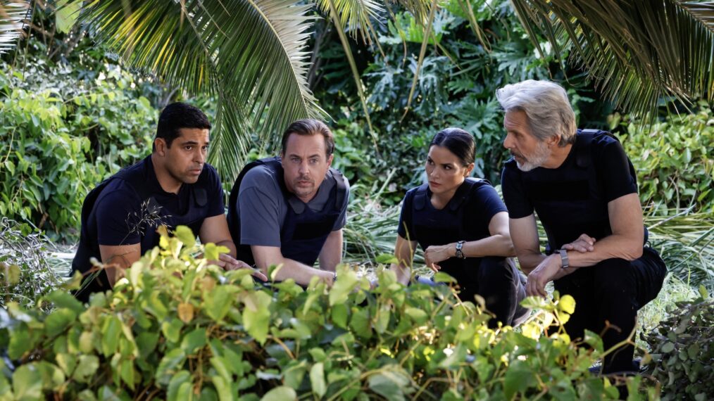 Wilmer Valderrama as NCIS Special Agent Nicholas “Nick” Torres, Sean Murray as Special Agent Timothy McGee, Katrina Law as NCIS Special Agent Jessica Knight, and Gary Cole as NCIS Special Agent Alden Parker — 'NCIS' Season 23 Episode 2 'Prodigal Son (Part II)'