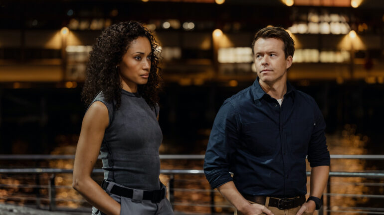 Olivia Swann as NCIS Special Agent Captain Michelle Mackey and Todd Lasance as AFP Liaison Officer Sergeant Jim 'JD' Dempsey — 'NCIS: Sydney' Season 3 Premiere "Gut Instinct"