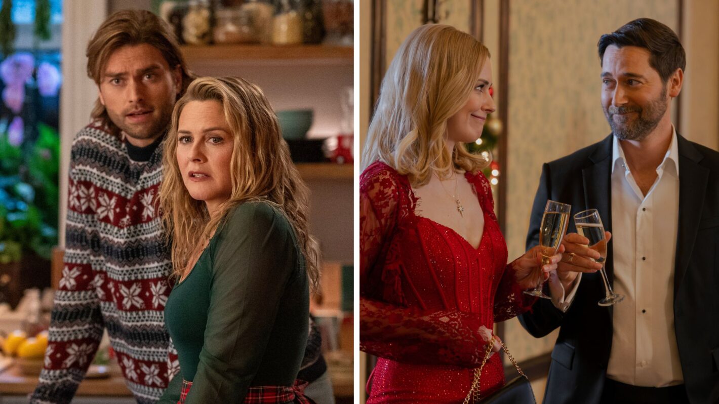 Pierson Fodé as Chet and Alicia Silverstone as Kate in A Merry Little Ex-Mas (Left); Alexandra Breckenridge as Taylor and Ryan Eggold as Matthew in My Secret Santa (Right)