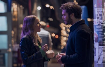 Kristen Bell as Joanne, Adam Brody as Noah in episode 102 of Nobody Wants This.