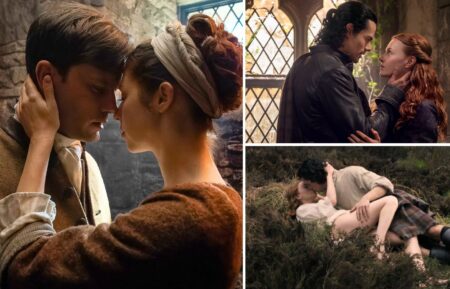 Jeremy Irvine, Hermione Corfield, Jamie Roy, and Harriet Slater in 'Outlander: Blood of My Blood' Season 1