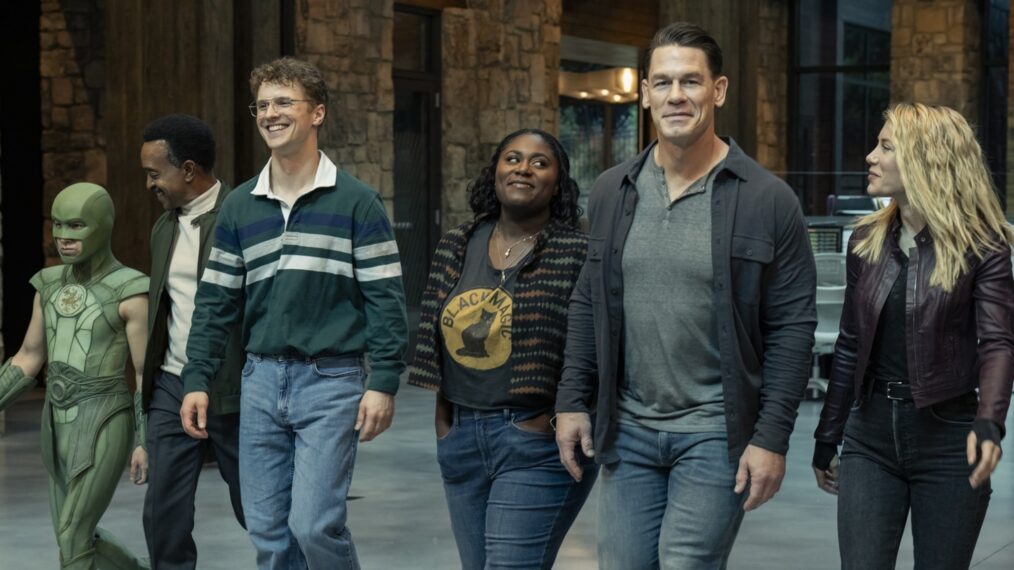 Nhut Le, Tim Meadows, Freddie Stroma, Danielle Brooks, John Cena, and Jennifer Holland in 'Peacemaker' Season 2