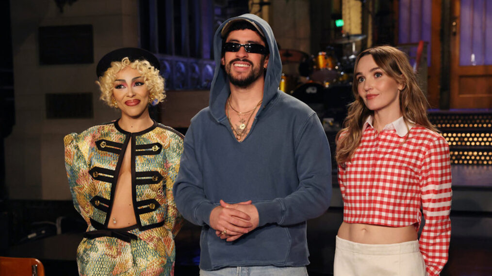 Musical guest Doja Cat, host Bad Bunny, and Chloe Fineman during 'SNL' Season 51 Episode 1 Promos on Thursday, October 2, 2025
