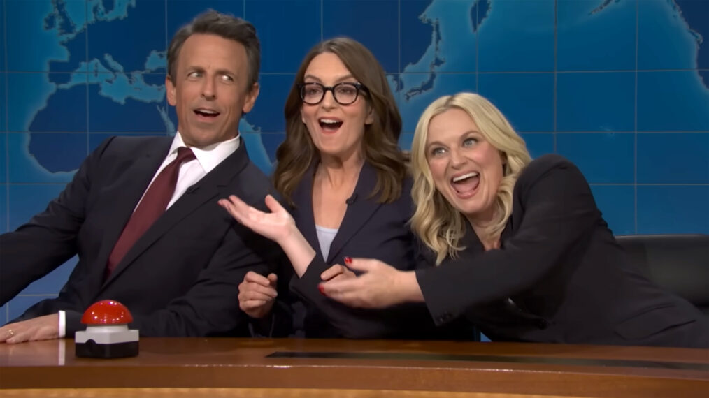 Seth Meyers, Tina Fey, and Amy Poehler at the 'Weekend Update' desk on 'Saturday Night Live,' on October 11, 2025