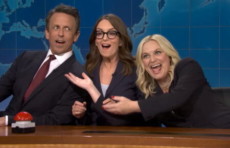 Seth Meyers, Tina Fey, and Amy Poehler at the 'Weekend Update' desk on 'Saturday Night Live,' on October 11, 2025