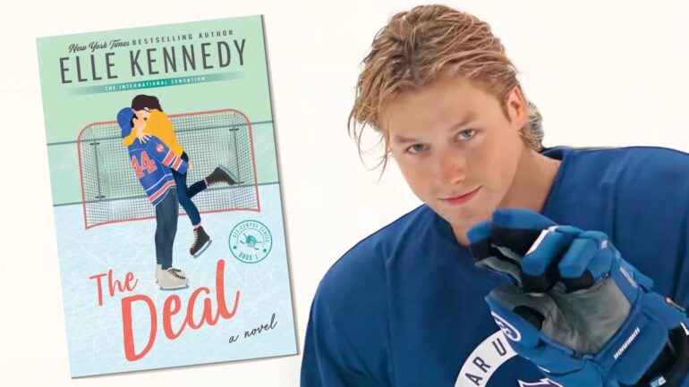 Elle Kennedy's 'The Deal' book cover next to Stephen Kalyn as Dean in 'Off Campus'