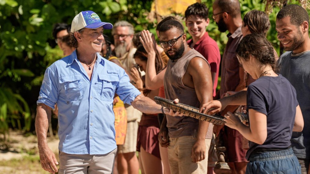 Jeff Probst and players in 'Survivor 49' Episode 4, 'Go Kick Rocks, Bro'