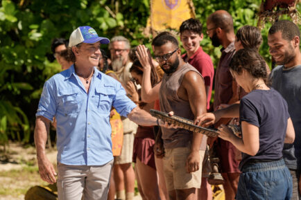 Jeff Probst and players in 'Survivor 49' Episode 4, 'Go Kick Rocks, Bro'
