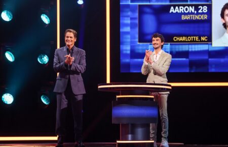 THE FLOOR: Rob Lowe (L) with a contestant in the “All is Fair in Love & Floor” episode of THE FLOOR airing Wednesday, Oct. 15