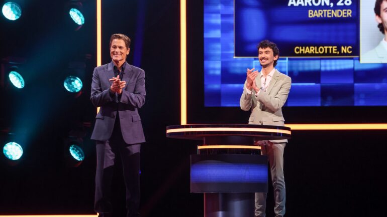 THE FLOOR: Rob Lowe (L) with a contestant in the “All is Fair in Love & Floor” episode of THE FLOOR airing Wednesday, Oct. 15