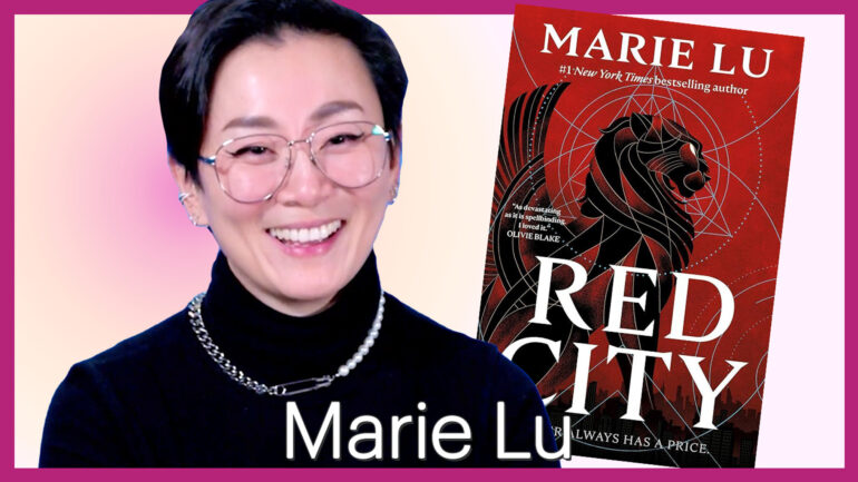Marie Lu next to 'Red City' book cover