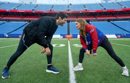 Matthew Daddario and Holland Roden star as Gabe DeLuca and Morgan Quinn in Holiday Touchdown: A Bills Love Story on Hallmark