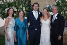 President George W. Bush and Mrs. Laura Bush and Barbara Bush stand with the new Mr. and Mrs. Henry Hager following the young couple's wedding ceremony at Prairie Chapel Ranch Saturday, May 10, 2008, near Crawford, Texas.