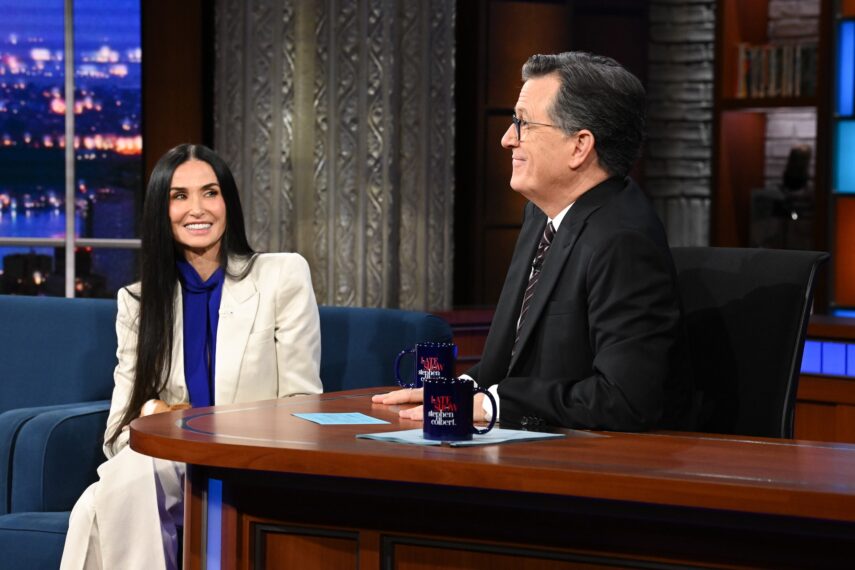 Demi Moore and Stephen Colbert on the November 10, 2025, episode of CBS' 'The Late Show With Stephen Colbert.'